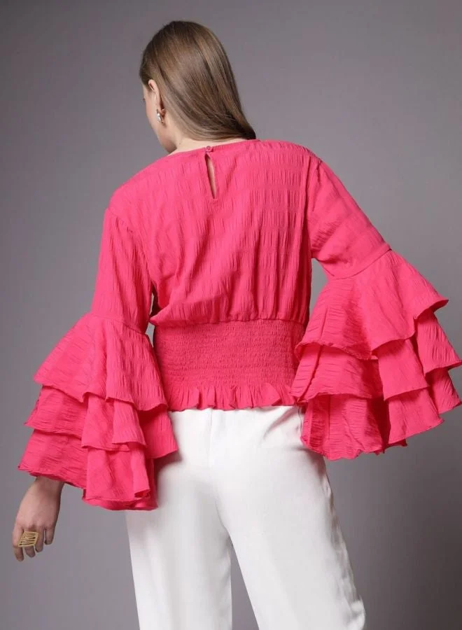 Freehand  Women Regular Fit Solid Round Neck Long Sleeve Ruffled Top  | Best Price UAE