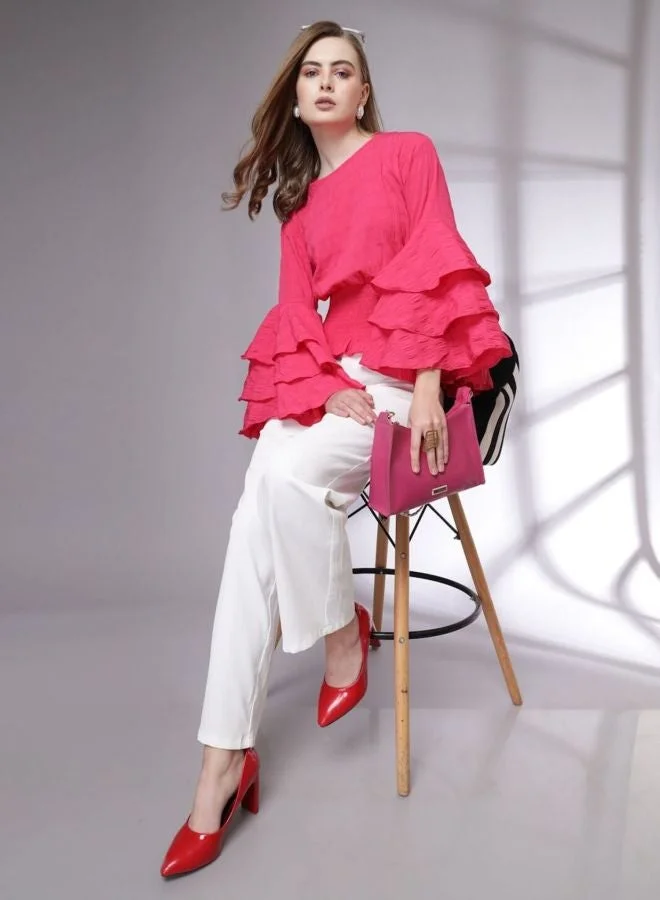 Freehand  Women Regular Fit Solid Round Neck Long Sleeve Ruffled Top  | Best Price UAE