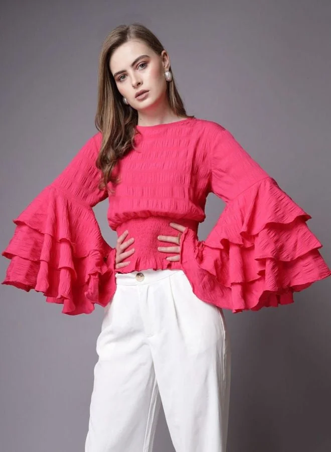 Freehand  Women Regular Fit Solid Round Neck Long Sleeve Ruffled Top  | Best Price UAE