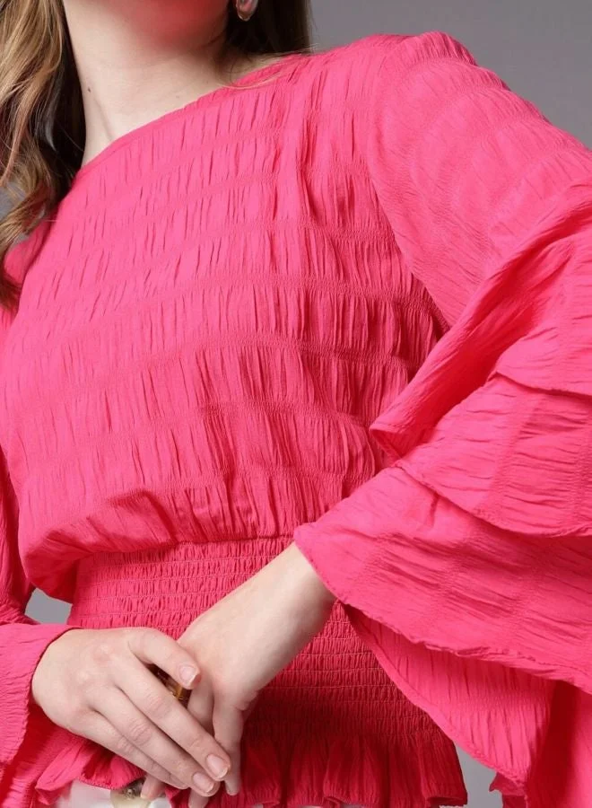 Freehand  Women Regular Fit Solid Round Neck Long Sleeve Ruffled Top  | Best Price UAE