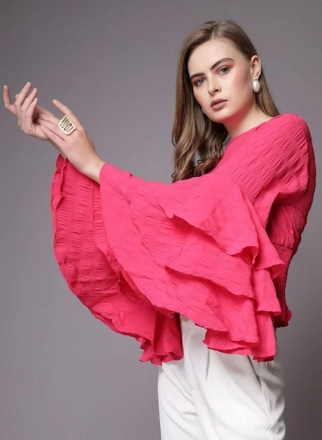 Freehand  Women Regular Fit Solid Round Neck Long Sleeve Ruffled Top  | Best Price UAE