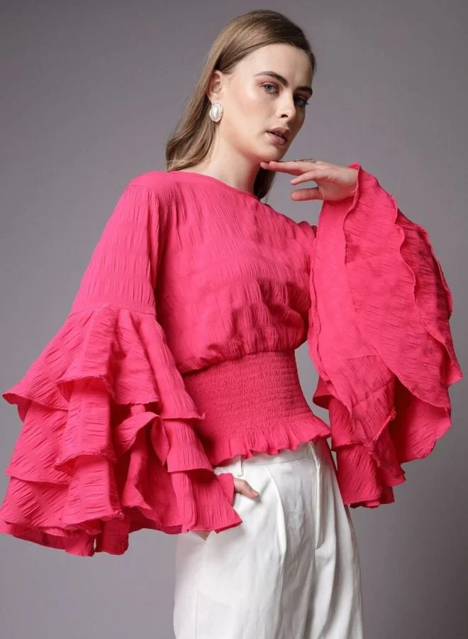 Women Regular Fit Solid Round Neck Long Sleeve Ruffled Top