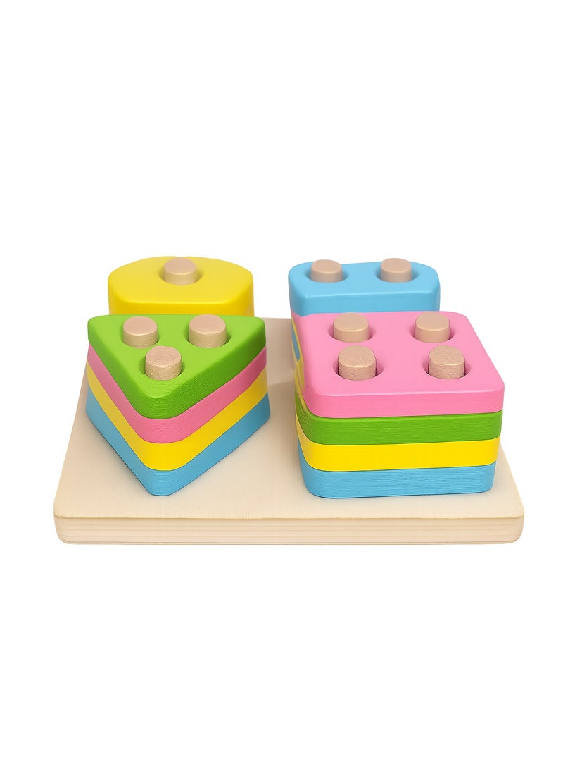 لوحة مطابقة الأشكال الخشبية – مربع، مستطيل، دايرة ومثلث (وردي، لبني، أصفر، أخضر) - Image 1