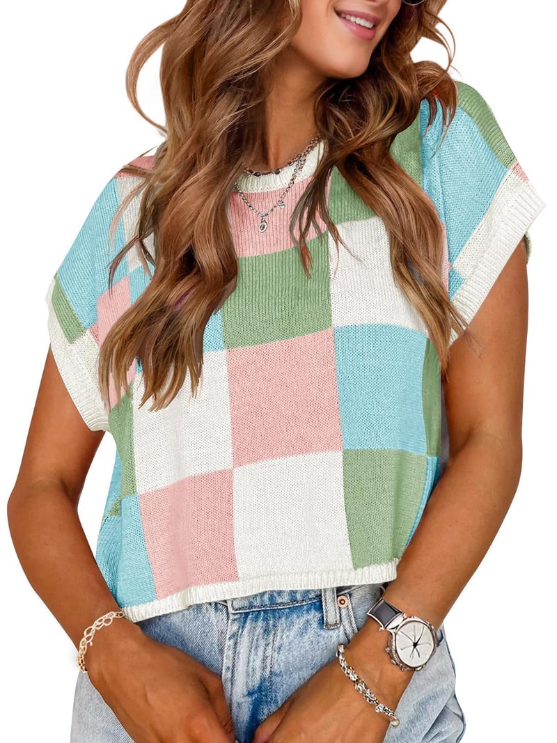 WIFFGO Womens Spring Crop Tops 2026 Summer Cap Short Sleeve Sweater Vest Loose Shirts Cute Trendy Top Vacation Outfits - Image 1