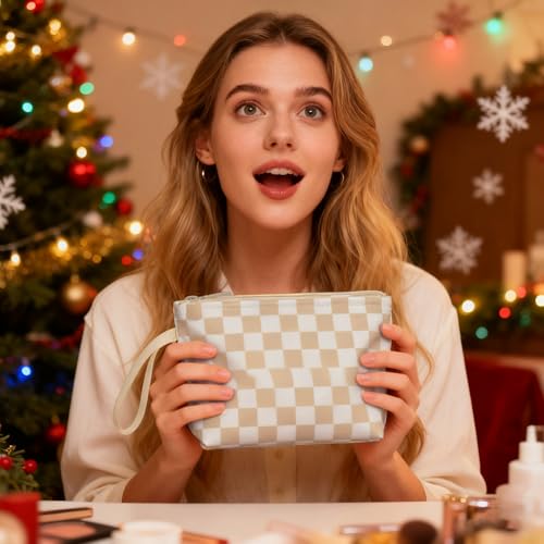 Ethereal Small Makeup Bag, Checked Travel Makeup Bag with Makeup Brush Holder, Cosmetic Bag Black Make up Pouch for Women/Girls - Image 2