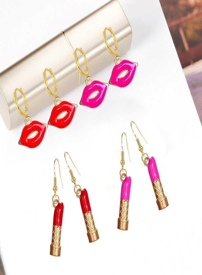 GBAHFY 4 Pairs Sexy Red Pink Lips Lipstick Alloy Dangle Earrings Fashion Long Lipstick Drop Earrings for Woman Set (4 Pairs- Gold) - Image 5