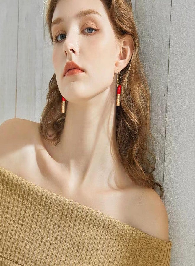 GBAHFY 4 Pairs Sexy Red Pink Lips Lipstick Alloy Dangle Earrings Fashion Long Lipstick Drop Earrings for Woman Set (4 Pairs- Gold) - Image 2