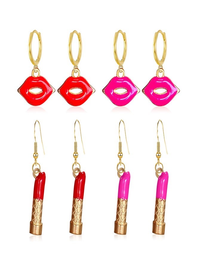 GBAHFY 4 Pairs Sexy Red Pink Lips Lipstick Alloy Dangle Earrings Fashion Long Lipstick Drop Earrings for Woman Set (4 Pairs- Gold) - Image 1