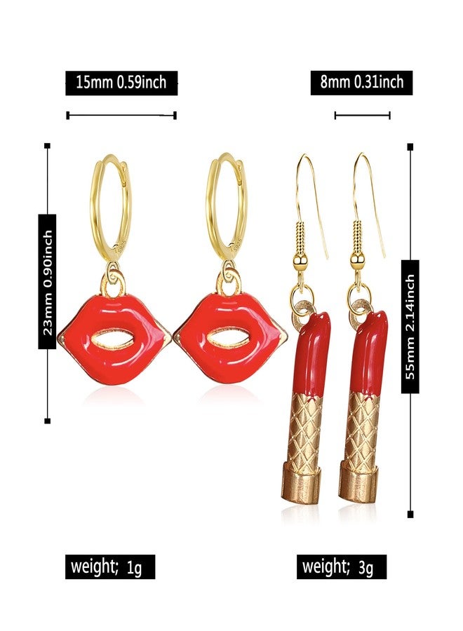GBAHFY 4 Pairs Sexy Red Pink Lips Lipstick Alloy Dangle Earrings Fashion Long Lipstick Drop Earrings for Woman Set (4 Pairs- Gold) - Image 4
