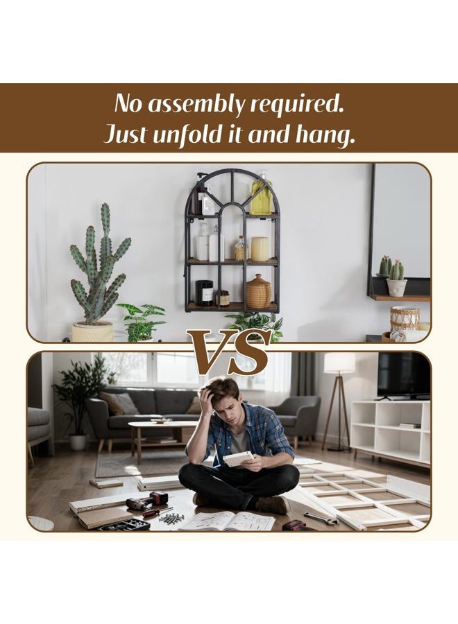 Synovana Arched Foldable Metal & Wood Wall Shelf – 3 Tier Freestanding Floating Ledge Shelves Window Design Storage Rack for Home Décor - Image 3