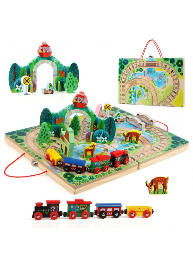 Joqutoys 18 Piece Train Set for Toddlers, Wooden Take-Along Tabletop Railroad for Kids Age 3+, Portable Durable Train Tracks Train Toys with 4 Trains, Bridge, Play Pieces - Image 1