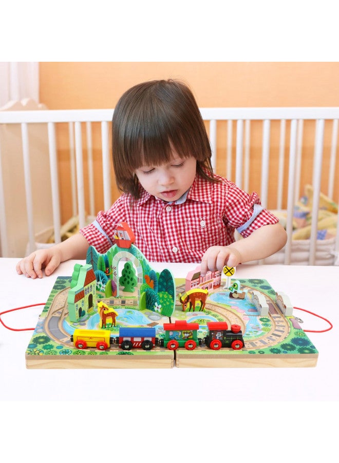 Joqutoys 18 Piece Train Set for Toddlers, Wooden Take-Along Tabletop Railroad for Kids Age 3+, Portable Durable Train Tracks Train Toys with 4 Trains, Bridge, Play Pieces - Image 2