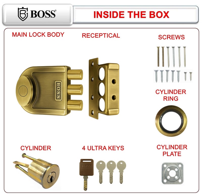 B BOSS Three Dead Bolt Rim Lock with 4 High Security 14 Pin Ultra Keys Universal for Left/Right Handed Inside Opening Office or Home Main Door 15 Years Manufactuing Warranty (Antique Brass) - Image 2