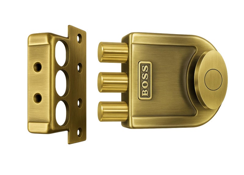 B BOSS Three Dead Bolt Rim Lock with 4 High Security 14 Pin Ultra Keys Universal for Left/Right Handed Inside Opening Office or Home Main Door 15 Years Manufactuing Warranty (Antique Brass) - Image 1