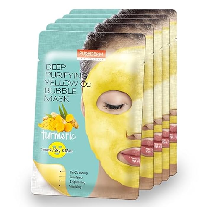 Purederm Deep Purifying Yellow O2 Bubble Mask Turmeric (5 Pack) – Bubble Face Sheet Mask for Purifying & Vitalizing - Image 1