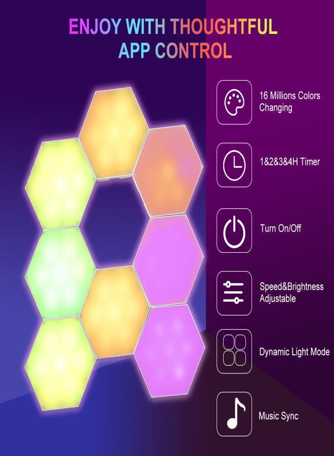 مصابيح إضاءة سداسية الشكل RGB متصلة بتقنية البلوتوث، إضاءة جدارية زخرفية مع وحدة تحكم تدعم التحكم عبر تطبيق الهاتف والتحكم السلكي/ مزامنة الموسيقى/ مؤقت بأربعة مستويات (ساعة، ساعتين، ثلاث ساعات، أربع ساعات)/ سرعة - Image 4