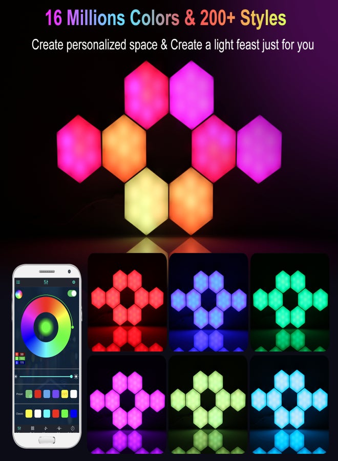 مصابيح إضاءة سداسية الشكل RGB متصلة بتقنية البلوتوث، إضاءة جدارية زخرفية مع وحدة تحكم تدعم التحكم عبر تطبيق الهاتف والتحكم السلكي/ مزامنة الموسيقى/ مؤقت بأربعة مستويات (ساعة، ساعتين، ثلاث ساعات، أربع ساعات)/ سرعة - Image 2