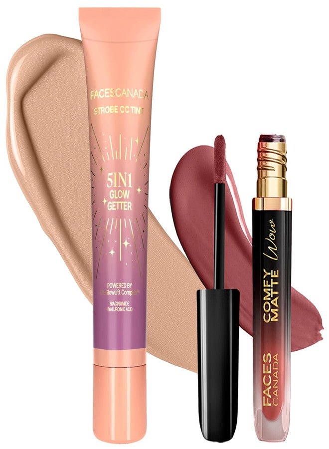 Facescanada FACES CANADA Tint & Pout Duo 2 - Comfy Matte Wow Liquid Lipstick - Choco Couture 01, 3.8ml + Strobe CC Tint Mini - Sunset Glaze 02, 18ml | Highly Pigmented | Radiant Dewy Glass Skin Glow | Long Lasting | For Light to Medium Skin - Image 1