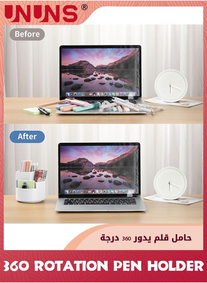 UNUNS حامل أقلام، منظمات مكتبية دوارة 360 درجة، وعاء أقلام رصاص متعدد الوظائف مع 3 فتحات منفصلة، حامل أقلام لطيف للمنزل والمكتب والمدرسة، صندوق تخزين قرطاسية سطح المكتب، أبيض  - Image 4