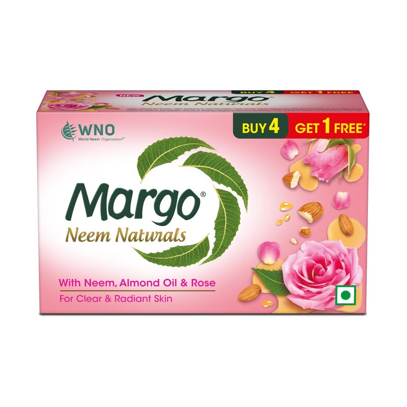 Margo Neem Naturals Soap with Goodness of 1000 Neem Leaves 100gm X Pack of 5 Enriched With Almond Oil Rose Soap for Clear Radiant Skin 100GM X 5 - Image 1