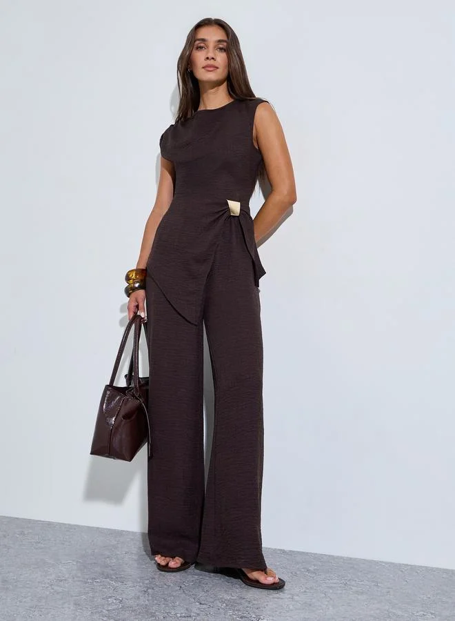 Styli Brown Textured Sleeveless Blouse and Wide Leg Trousers Co-Ord Set