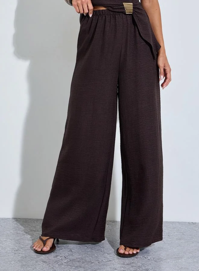 Styli  Brown Textured Sleeveless Blouse and Wide Leg Trousers Co-Ord Set for Women | Best Price UAE