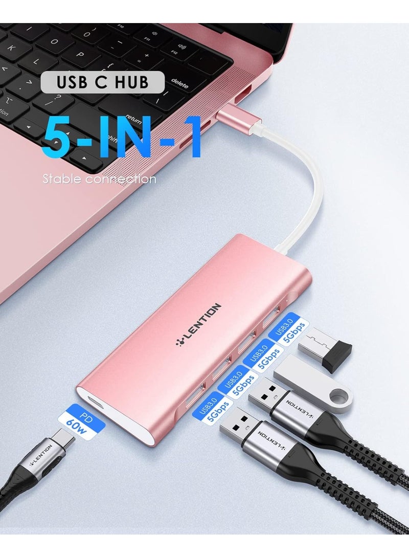 Lention LENTION USB C Hub with 4 USB 3.0 & Type C Charging Compatible 2023-2016 MacBook Pro, New Mac Air, New Surface, Chromebook, More, Stable Driver Certified Type C Multiport Adapter (CB-C31, Rose Gold)  - Image 1