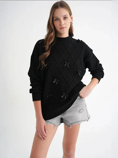 MixRay Bow Detail Cable Knit Oversized Sweater