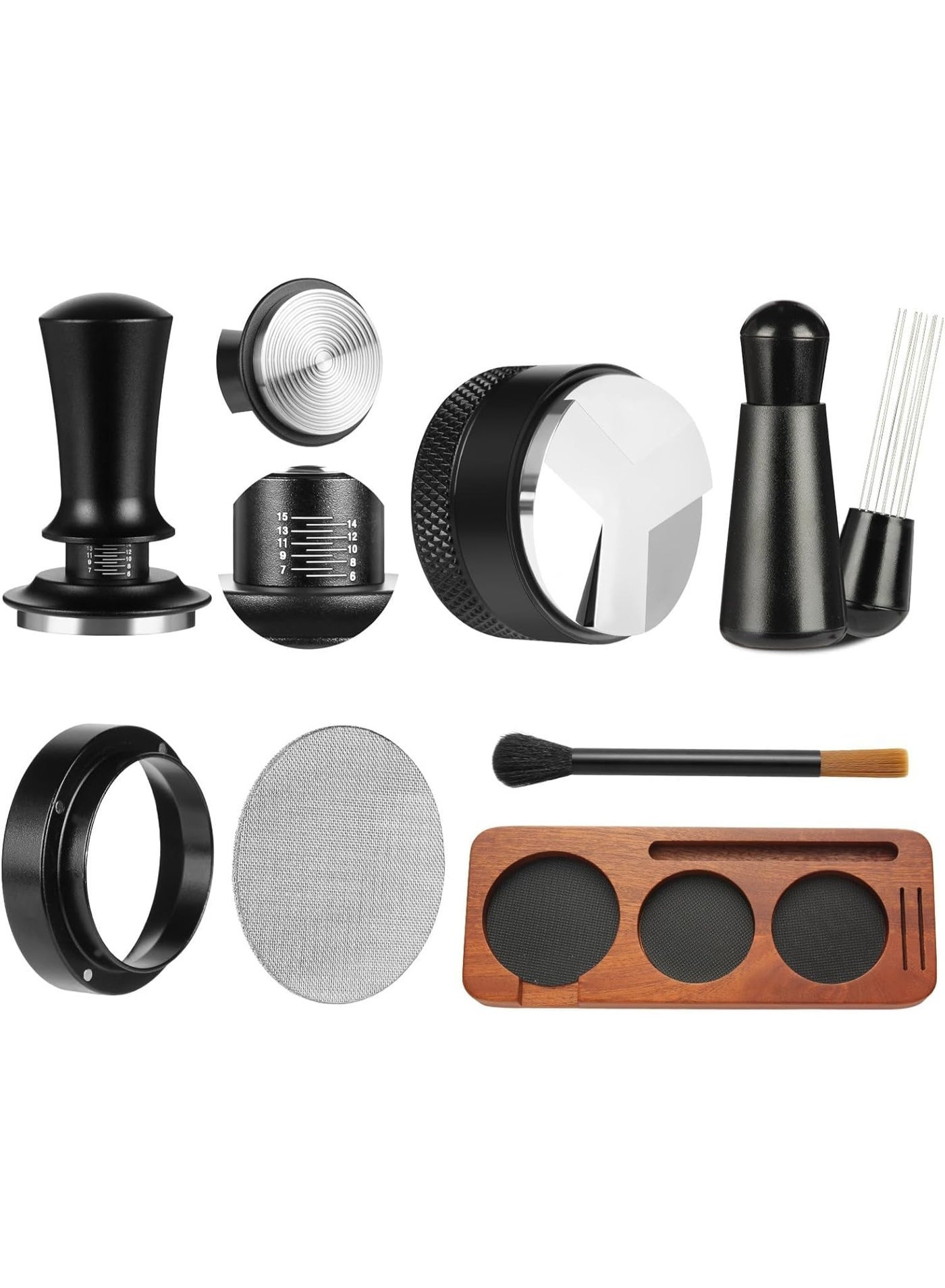 7 PCS Espresso Accessories, Espresso Machine Accessories Kit with WDT Tool, Coffee Tamper with Wood Espresso Tamping Station, Distributor, Stirrer, Dosing Funnel, Puck Screen, Brush (54mm)