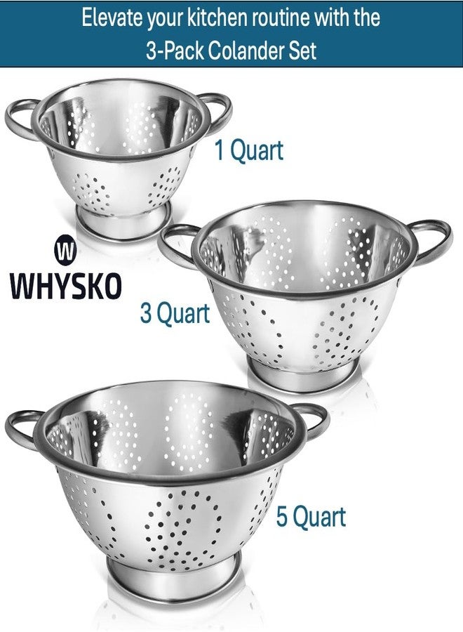 Whysko 3 Pack Stainless Steel Colanders with Handles - 5 Qt, 3 Qt, 1 Qt - Durable Colander for Kitchen Strainers and Colanders Set - Ideal Metal Colander for Pasta, Vegetables, Food Prep - Image 2