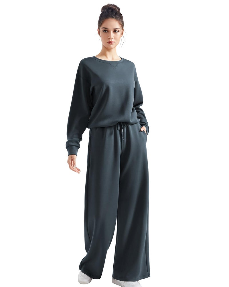 SUUKSESS Women Modal 2 piece outfits Oversized Sweatshirt Fall Lounge Set Wide Leg Pants Matching Sets (Grey Blue,S) - Image 5