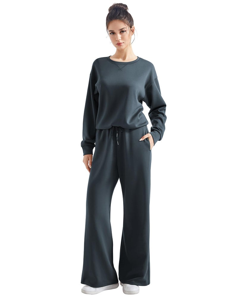 SUUKSESS Women Modal 2 piece outfits Oversized Sweatshirt Fall Lounge Set Wide Leg Pants Matching Sets (Grey Blue,S) - Image 4