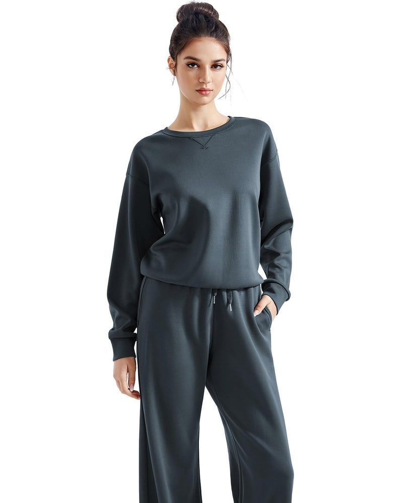 SUUKSESS Women Modal 2 piece outfits Oversized Sweatshirt Fall Lounge Set Wide Leg Pants Matching Sets (Grey Blue,S) - Image 2