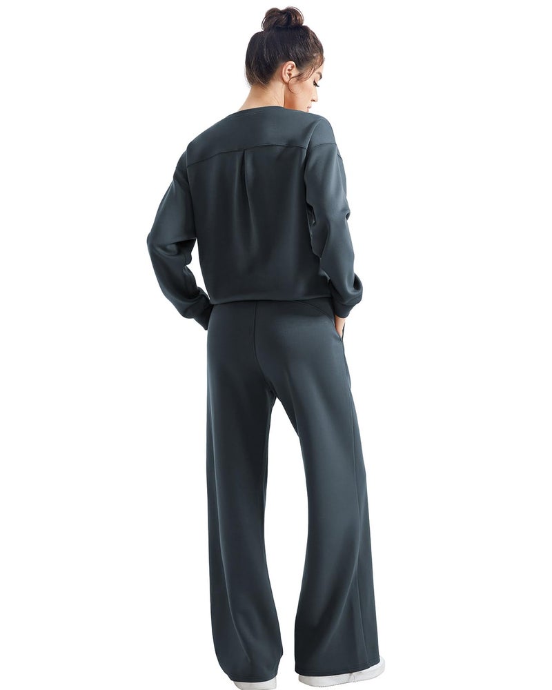 SUUKSESS Women Modal 2 piece outfits Oversized Sweatshirt Fall Lounge Set Wide Leg Pants Matching Sets (Grey Blue,S) - Image 3