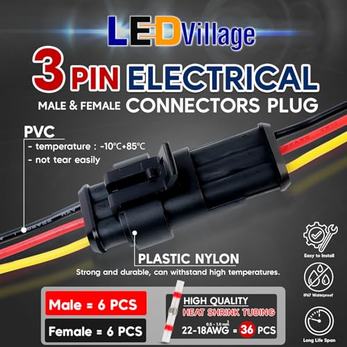 Ledvillage 3 Pin Ledvillage Electrical Connector Plug 6 Male + 6 Female Terminal Wire Connector 22AWG - 10 cm. Automotive Waterproof 3 Way Connector Set for Car, Truck, Boat (12 Kits) - Image 2