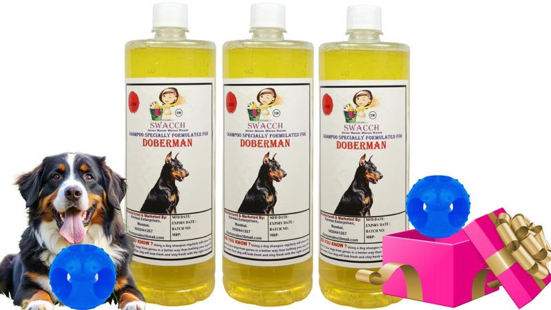 swacch Pet Shampoo | Puppy Safe Shampoo | PH Balanced | Ditch to Itch for Doberman Dog Shampoo 3 Litre (Lemon) + Goofy Ball Chew Toy Combo Pack - Image 1