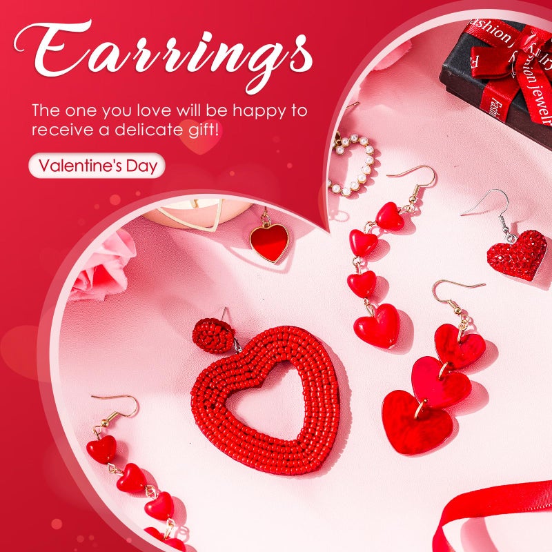 JaGely 6 Pairs Valentine's Day Earrings for Women Red Heart Dangle Earrings Artificial Pearl Earring Shiny Crystal Beads Earrings for Valentine's Mother's Day Wedding Jewelry Gift Supplies - Image 4