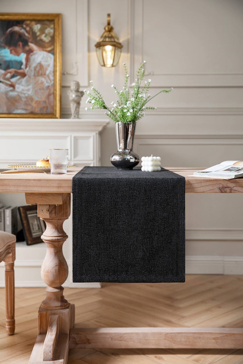ZeeMart Burlap Style Farmhouse Table Runners 90 Inches Long  Black Rustic Woven Dining Table Runner for Everyday Use  14x90 Inches  Black - Image 1