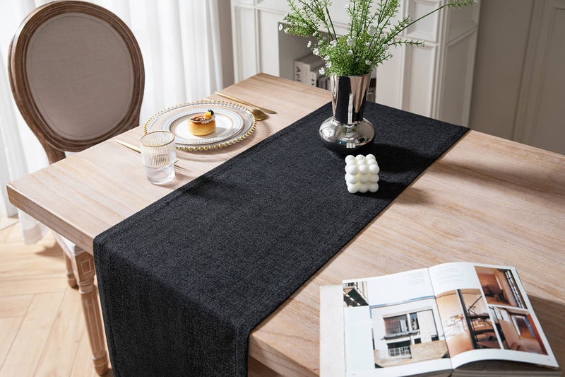 ZeeMart Burlap Style Farmhouse Table Runners 90 Inches Long  Black Rustic Woven Dining Table Runner for Everyday Use  14x90 Inches  Black - Image 3