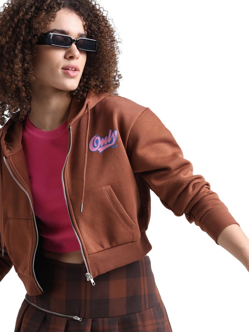 ONLY Women Printed Cotton Crop Length Relaxed Fit Brown Sweatshirt - Image 2
