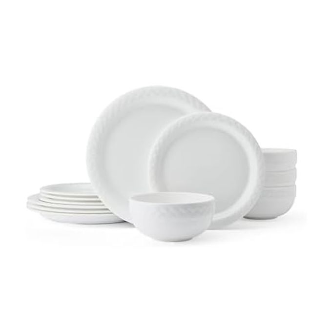 Mikasa Shay Bone China Lightweight Chip Resistant 12 Piece Dinnerware Set, Service for 4, White