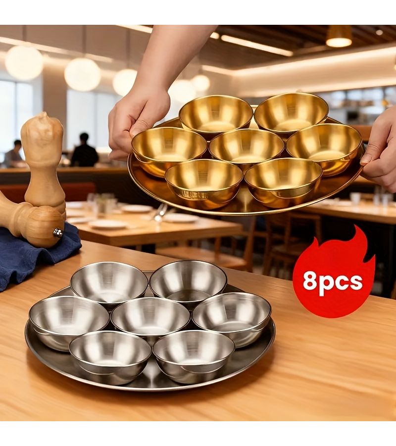 Golden 8pcs Stainless Steel Sauce Bowl And Tray Set Durable Plate For Entertaining - Image 1