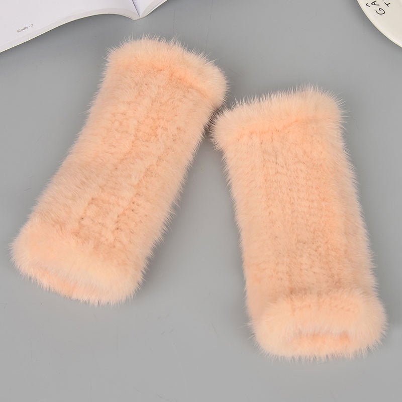 Thick Knitted Mink Fur Fingerless Gloves for Winter Korean pink 