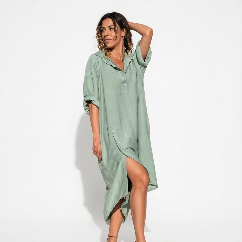 Casual Loose Notch Collar Mid Sleeve Side Slit Midi Dress