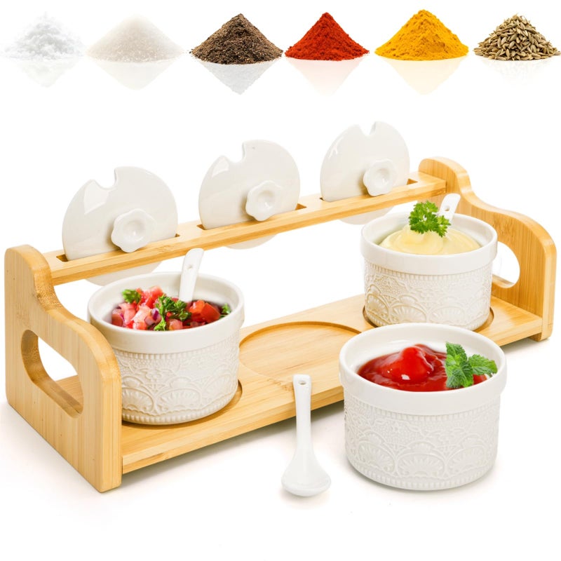 Acshio Set of 3 Ceramic Dipping Sauce Bowls, 5 Oz Condiment Seasoning Jars with Lid Spoon Bamboo Tray, Small Appetizer Serving Tray Soy Sauce Dish for Snacks, Appetizers, Sauces - Image 1