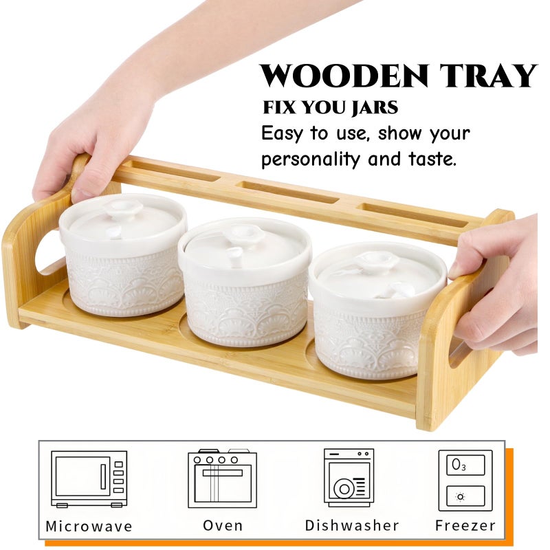 Acshio Set of 3 Ceramic Dipping Sauce Bowls, 5 Oz Condiment Seasoning Jars with Lid Spoon Bamboo Tray, Small Appetizer Serving Tray Soy Sauce Dish for Snacks, Appetizers, Sauces - Image 3