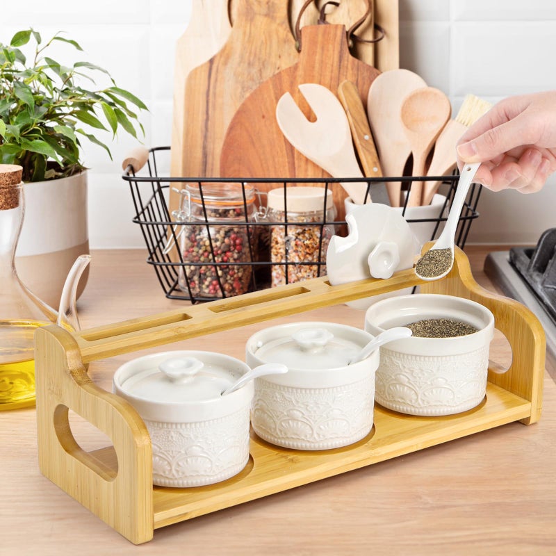 Acshio Set of 3 Ceramic Dipping Sauce Bowls, 5 Oz Condiment Seasoning Jars with Lid Spoon Bamboo Tray, Small Appetizer Serving Tray Soy Sauce Dish for Snacks, Appetizers, Sauces - Image 4