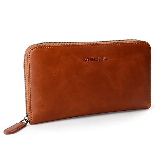 VISOUL Leather Long Zipper Pouch Wallet for Men and Women with RFID Blocking, Large Clutch Cash Long Wallet with Zipper (Orange) - Image 1