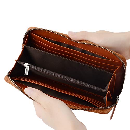 VISOUL Leather Long Zipper Pouch Wallet for Men and Women with RFID Blocking, Large Clutch Cash Long Wallet with Zipper (Orange) - Image 2