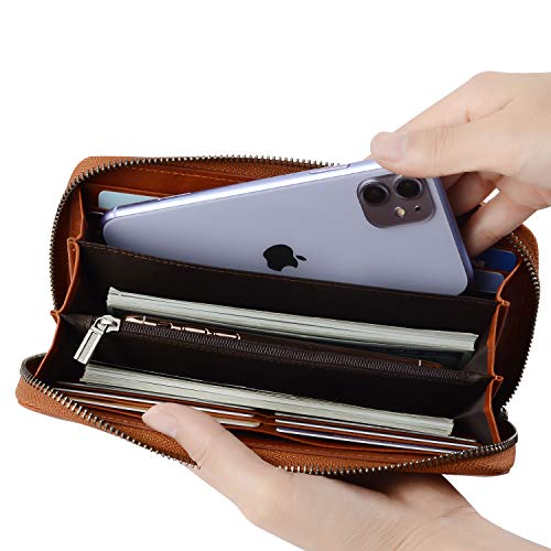 VISOUL Leather Long Zipper Pouch Wallet for Men and Women with RFID Blocking, Large Clutch Cash Long Wallet with Zipper (Orange) - Image 3
